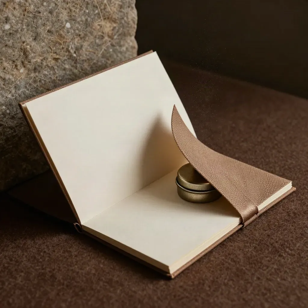 Zachte stofwikkel met boekje, tinnen paperweight en samplekaart in macrolicht.