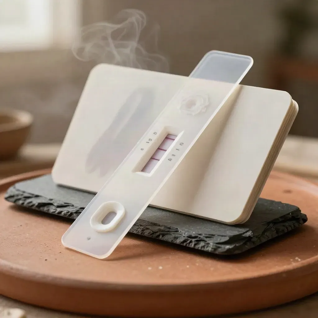 Transparante testbladen en blanco kaarten op een terracotta plint met slate blok.