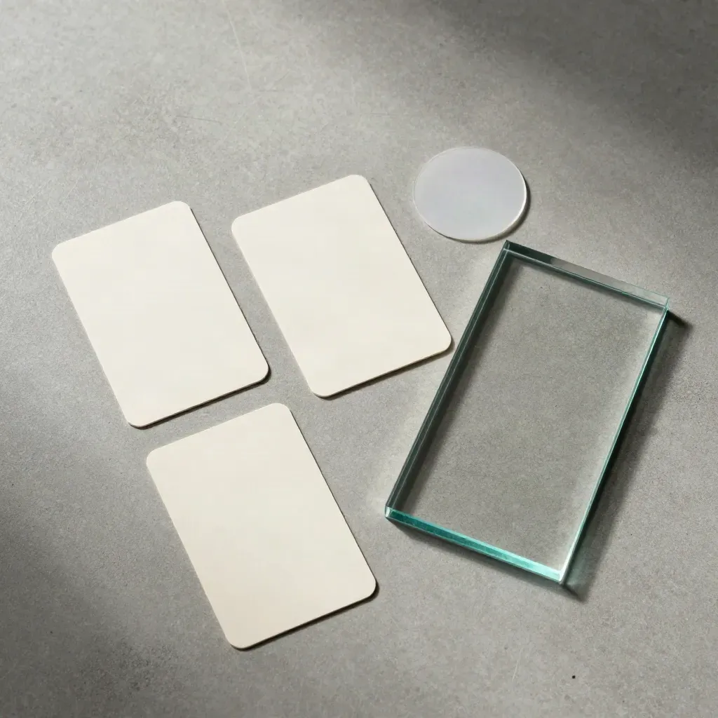 Bovenaanzicht van een conversiescan-kit met drie kaarten, acrylplaat en sample-chip op beton.